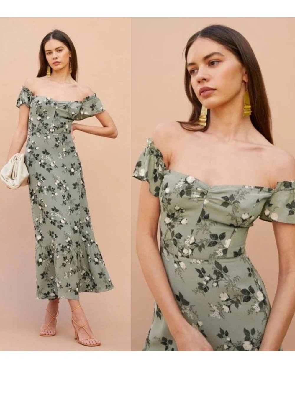 Reformation | Butterfly Floral Sweetheart Neckline Midi Dress in Verde Green